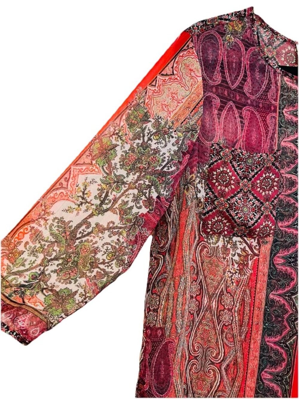 FIG & FLOWER ANTHROPOLOGIE Multicolor Sheer Boho 3/4 Length Tunic Shirt Sz L - Picture 4 of 8